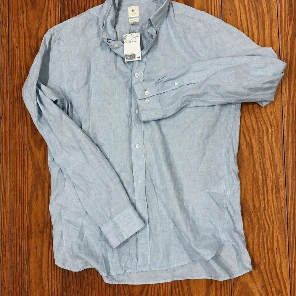 H&M Men's Pale Blue Linen Button-Down Shirt